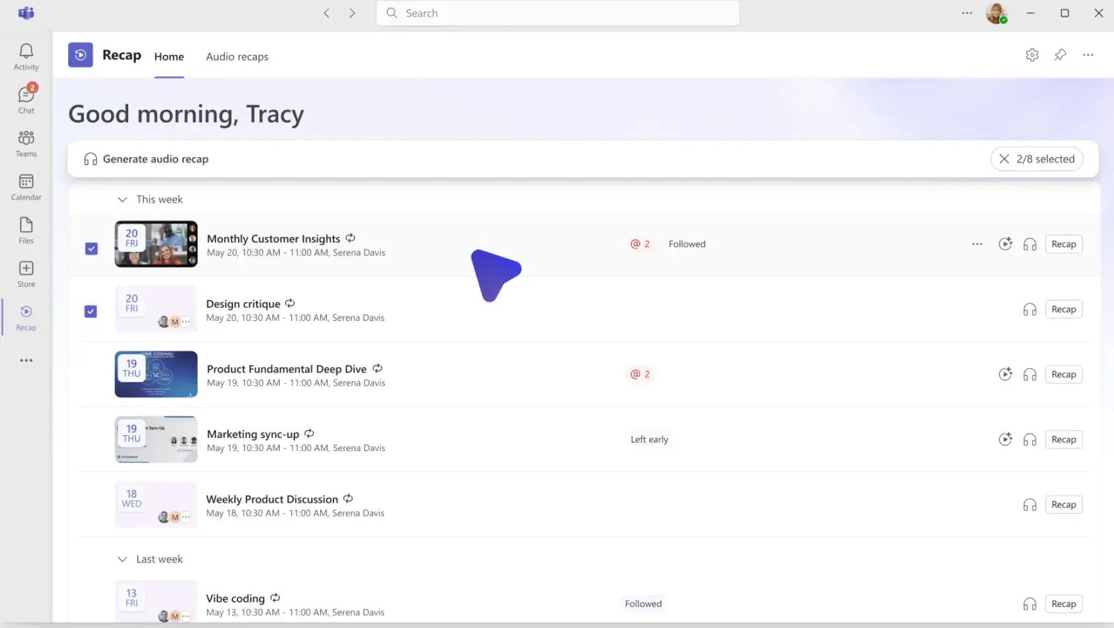 Microsoft Teams Recap app generating AI-powered podcast-style recaps