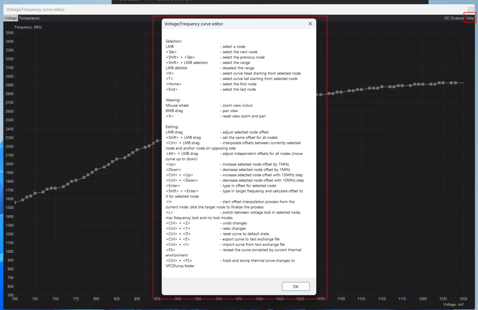 MSI Afterburner voltage frequency curve editor interface