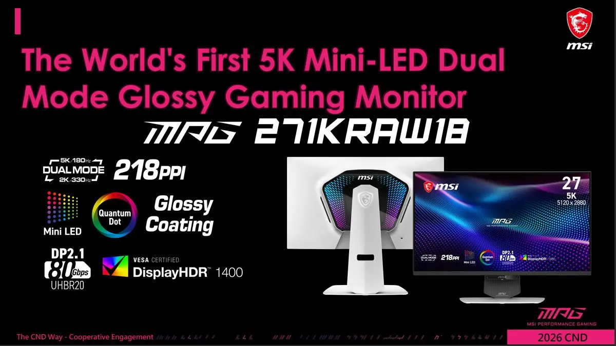 MSI MPG 271KRAW18 and Gigabyte Aorus FM275K16P monitors side by side