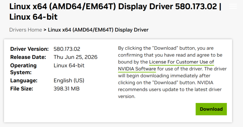 NVIDIA Linux graphics driver update interface on a desktop screen