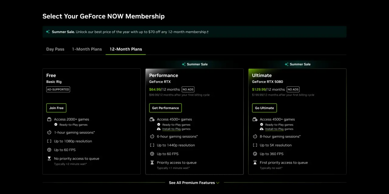 Nvidia GeForce NOW summer sale pricing details for Performance and Ultimate memberships