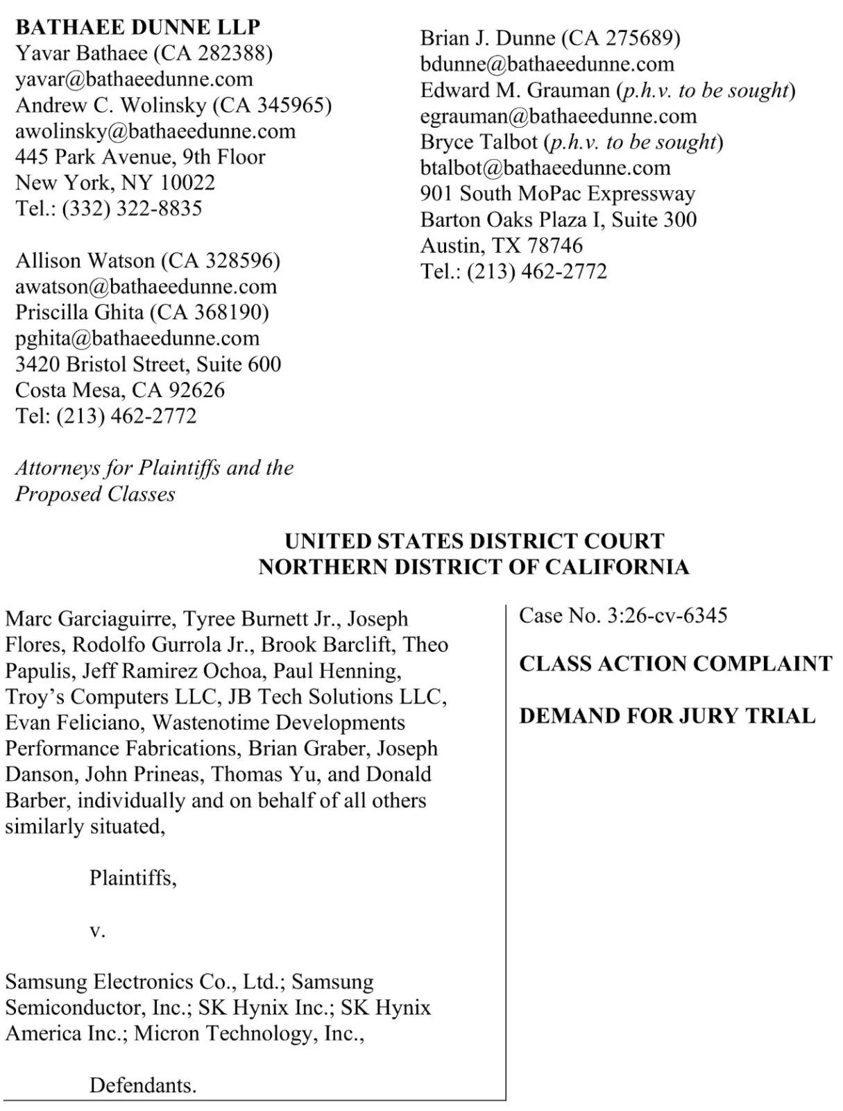 Samsung, SK Hynix, and Micron logos representing the defendants in the DRAM lawsuit