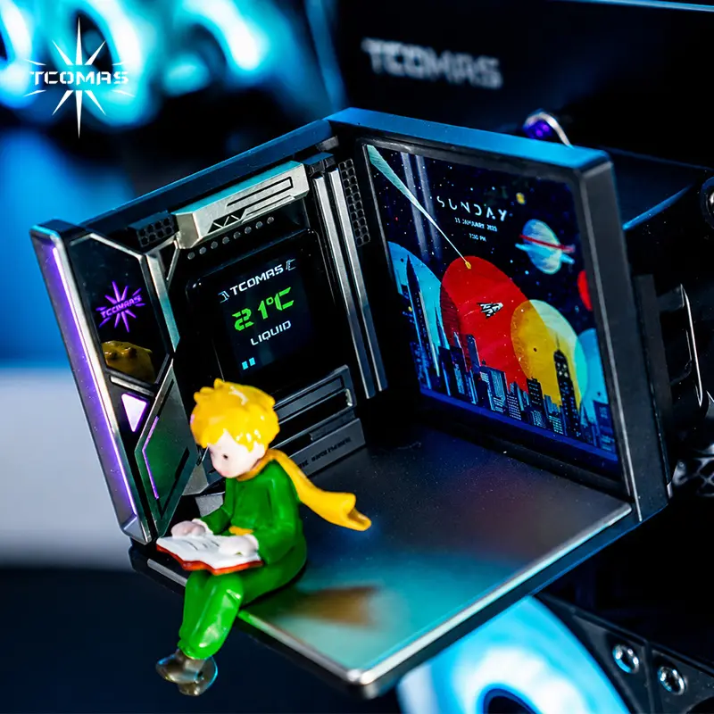 TCOMAS CUBE D3 liquid cooler concept with integrated displays and visible motherboard components