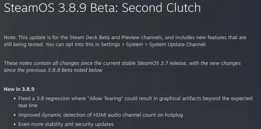 SteamOS 3.8.9 Beta update announcement