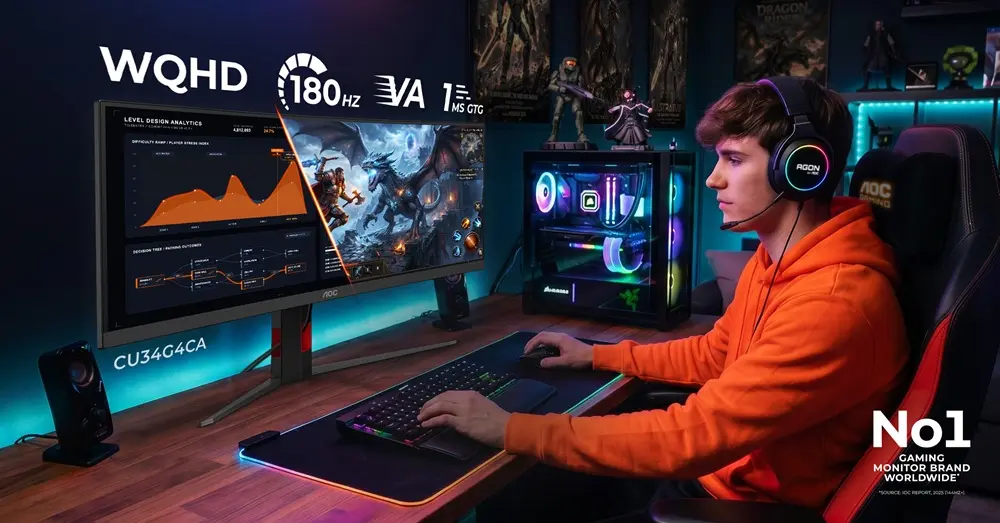 AOC Gaming CU34G4ZCA ultrawide monitor on a desk