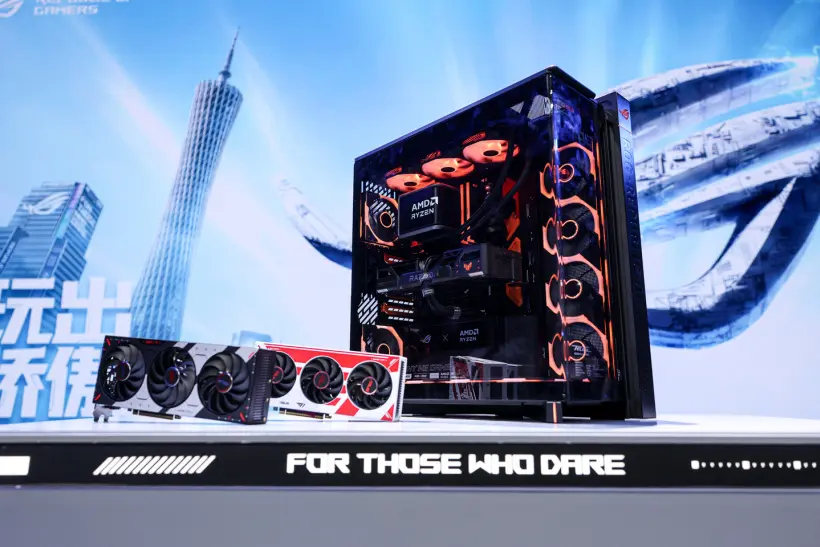 ASUS ROG Cronox AMD Co-branded Edition front view showing curved glass and LCD screen