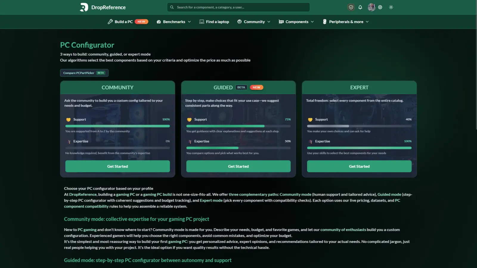DropReference platform interface showing PC build options