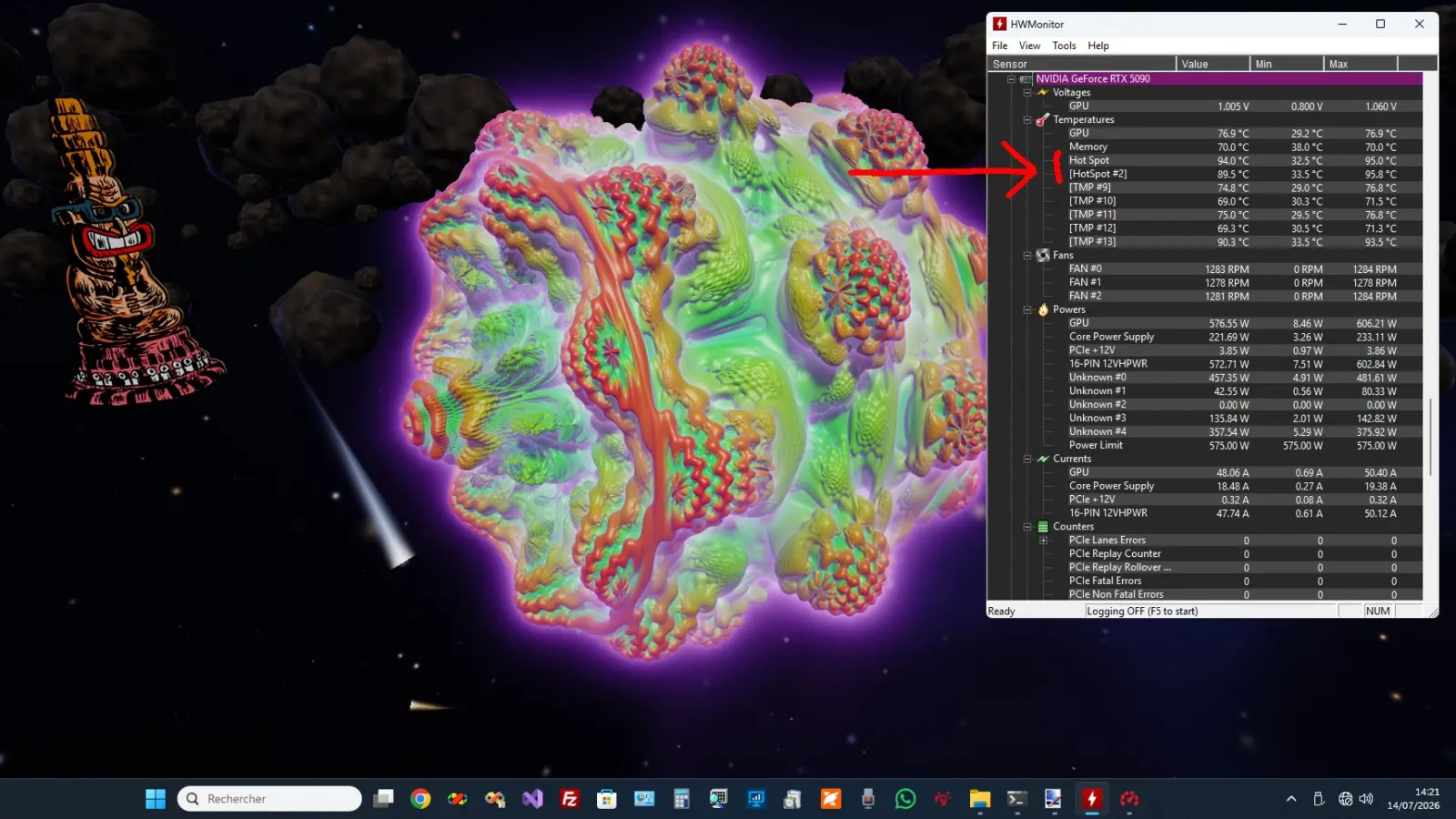 HWMonitor software interface showing GPU temperature data