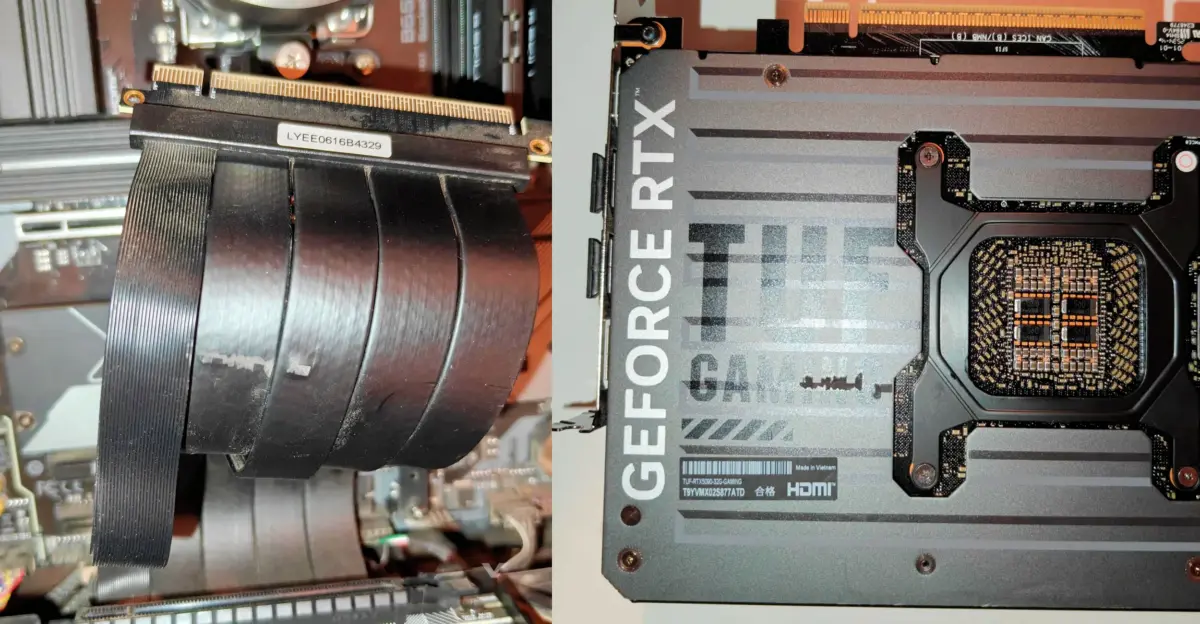 NVIDIA GeForce RTX 5090 backplate melts PCIe riser cable in vertical mount
