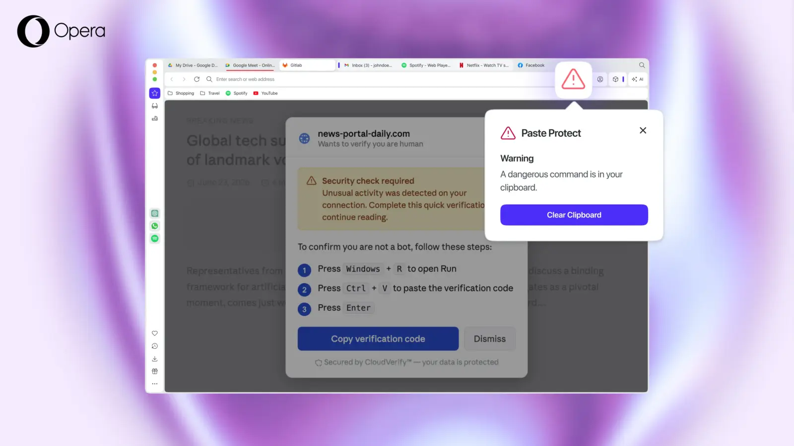 Screenshot of the Paste Protect warning popup with a red icon