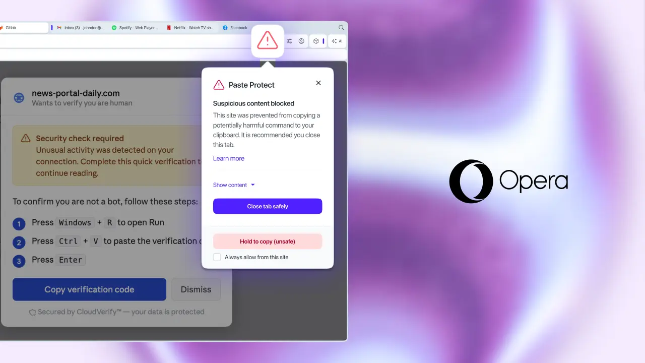 Opera browser interface highlighting the new Paste Protect security feature