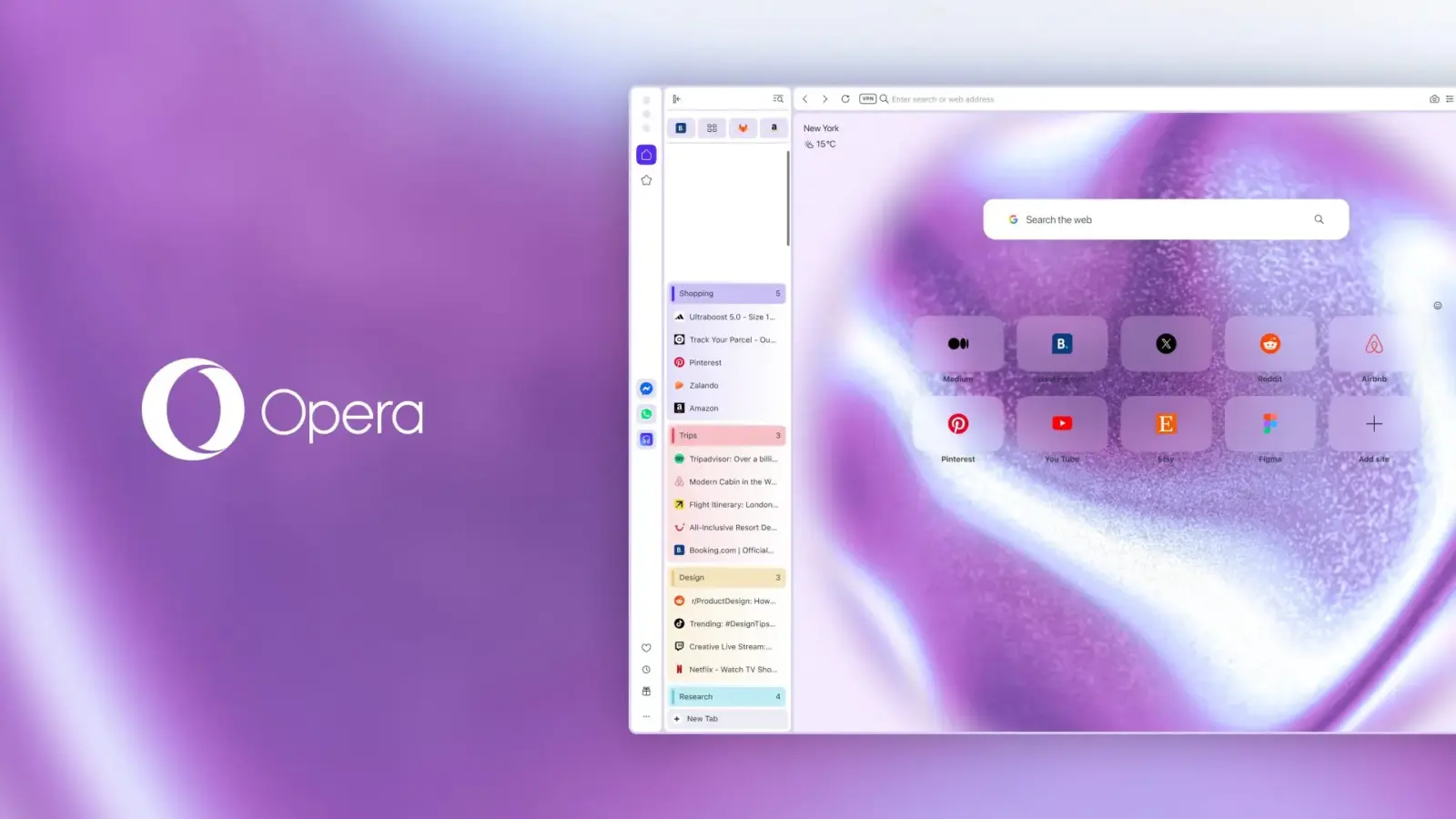 Opera One browser interface showing vertical tabs on the left side