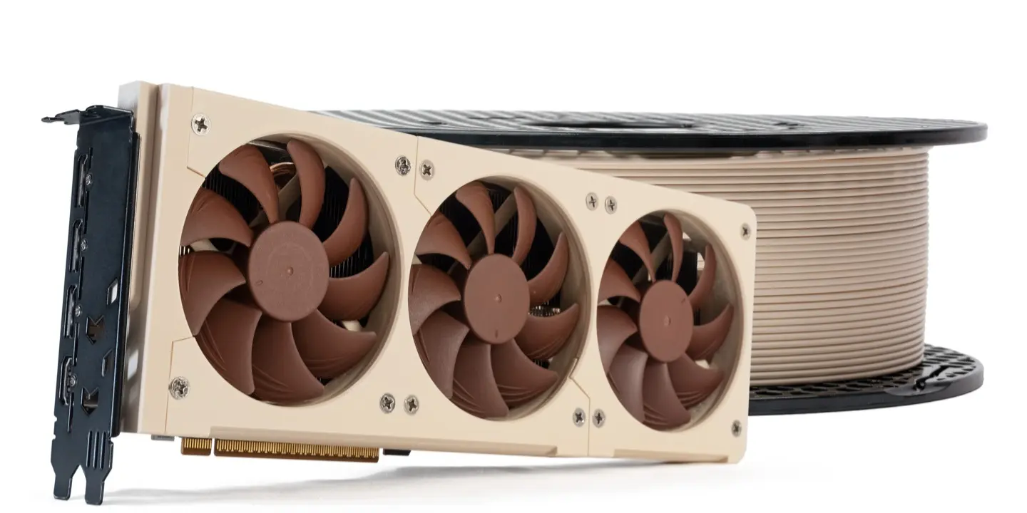 Prusament PETG filament spool in Noctua beige and brown colors