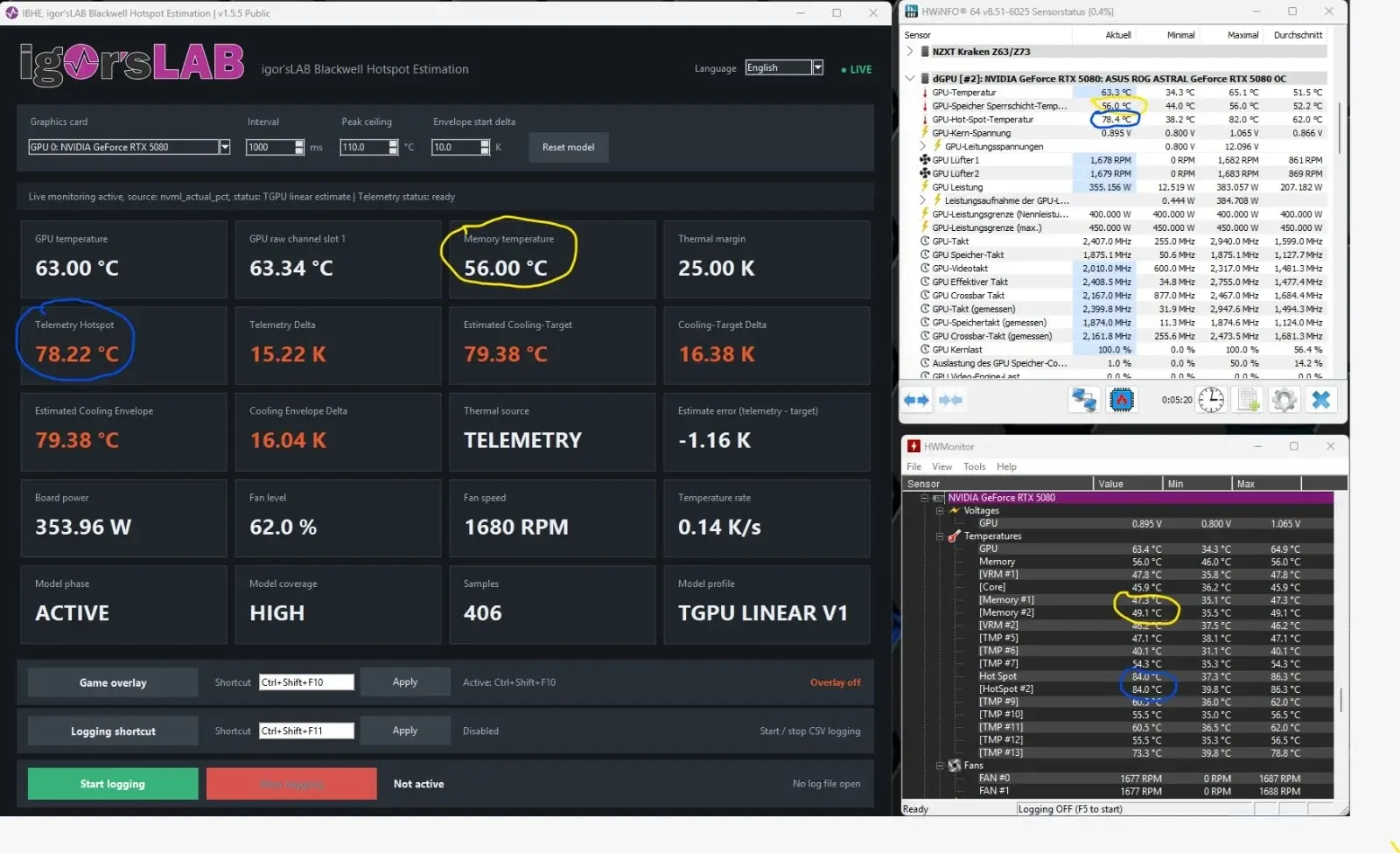 RTX 50 Series GPU monitoring software interface showing temperature data