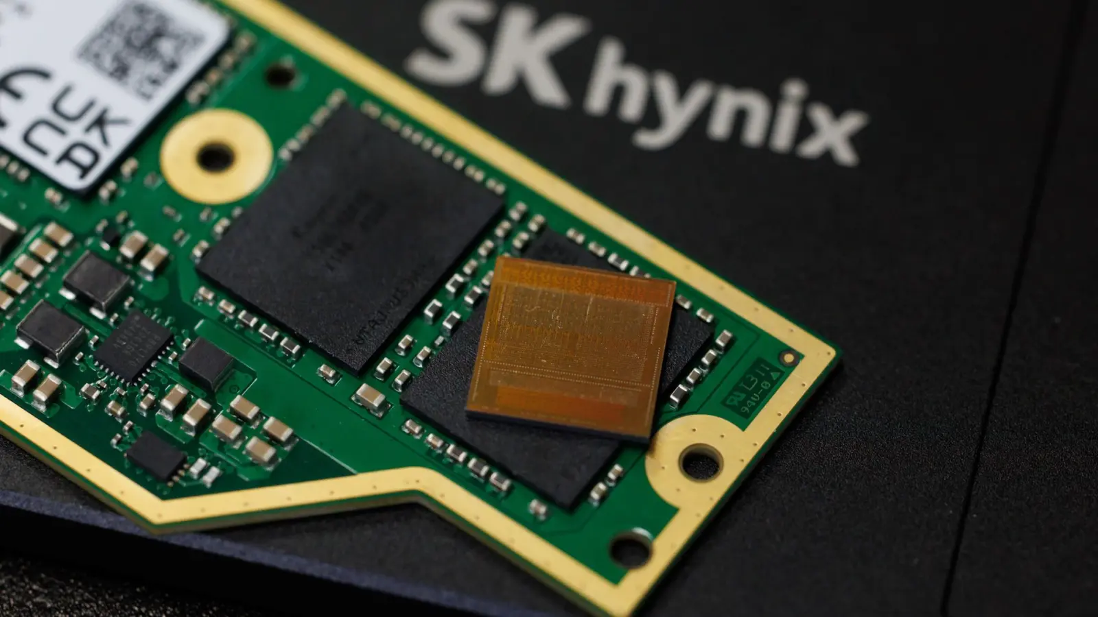 SK Hynix logo and stock exchange display