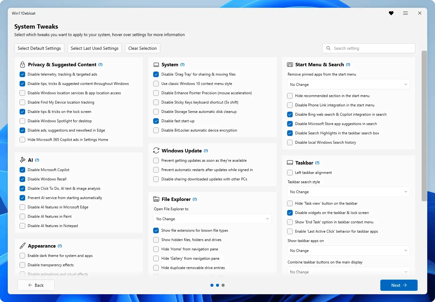 Win11Debloat software interface