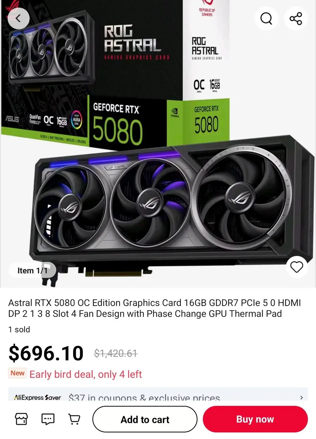 ASUS Astral RTX 5080 graphics card listing screenshot