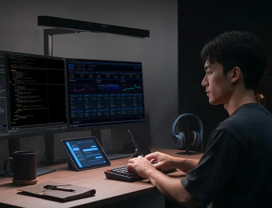 BenQ ScreenBar Max mounted on dual monitors