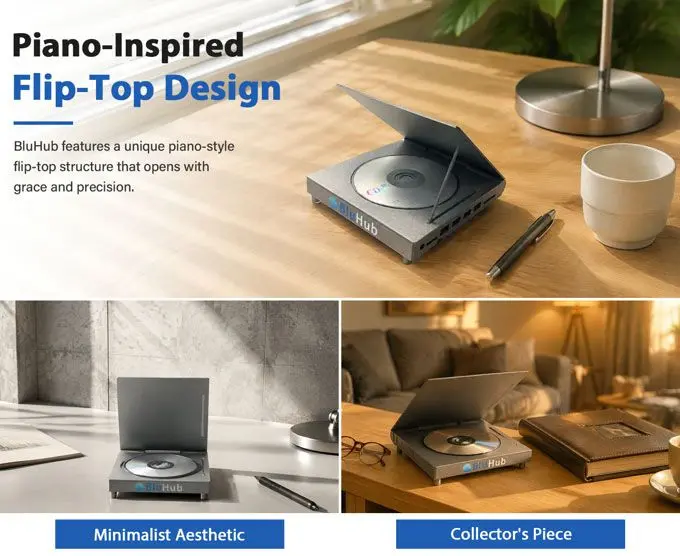 BluHub 9-in-1 Blu-ray hub with piano-lid style chassis open