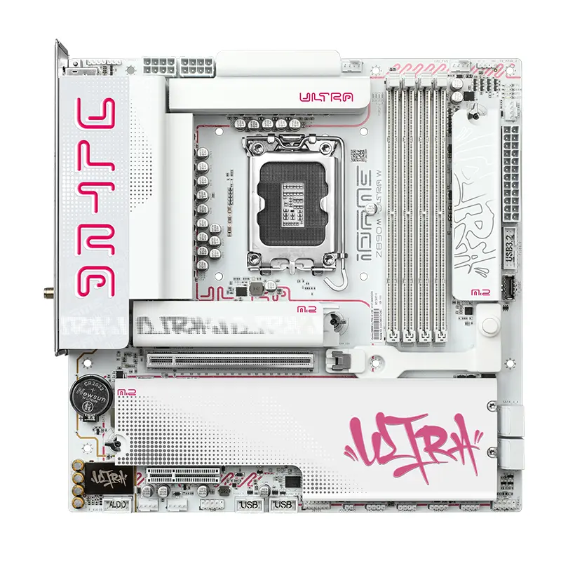 Colorful iGame Z890M ULTRA W motherboard with white PCB and pink accents
