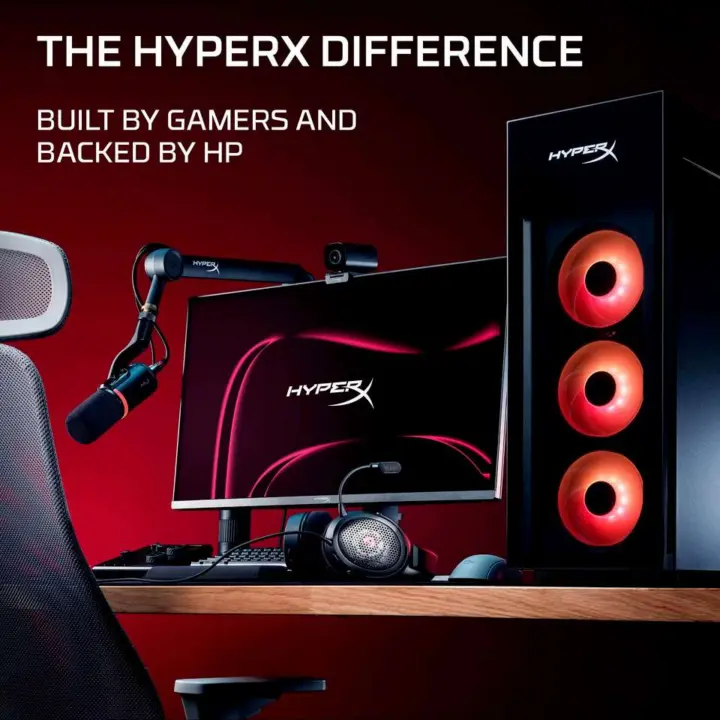 HyperX Cloud Alpha Air headset, Pulsefire Haste 3 Pro mouse, and SoloCast 2 Pro microphone