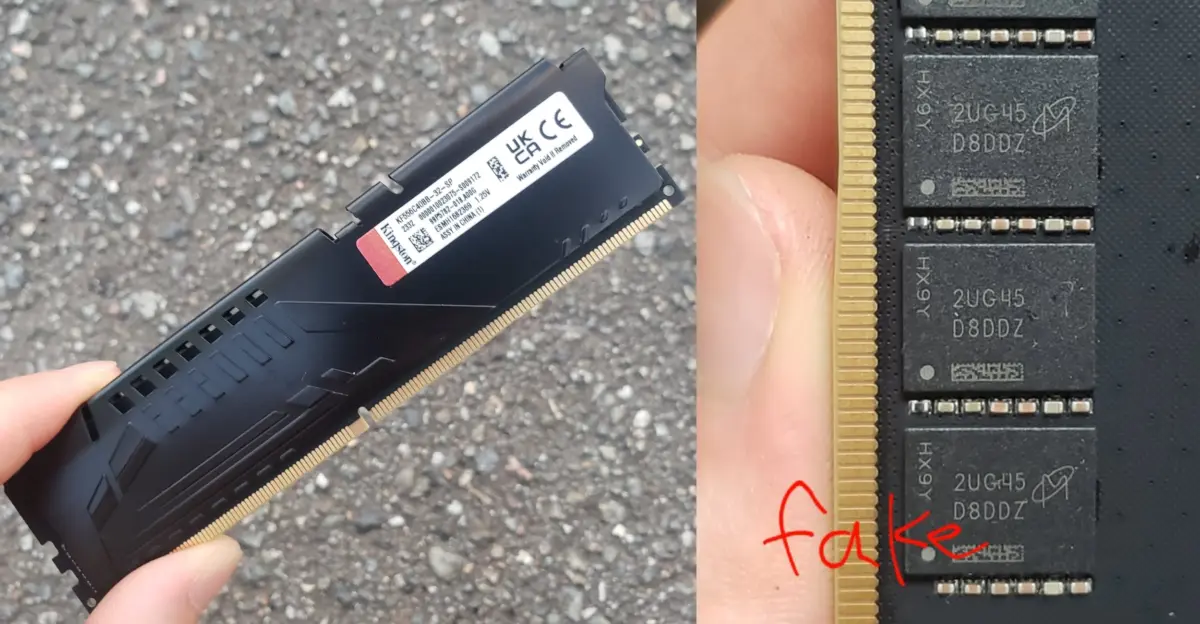 Close-up of memory chips on a PCB showing flux residue and modified markings