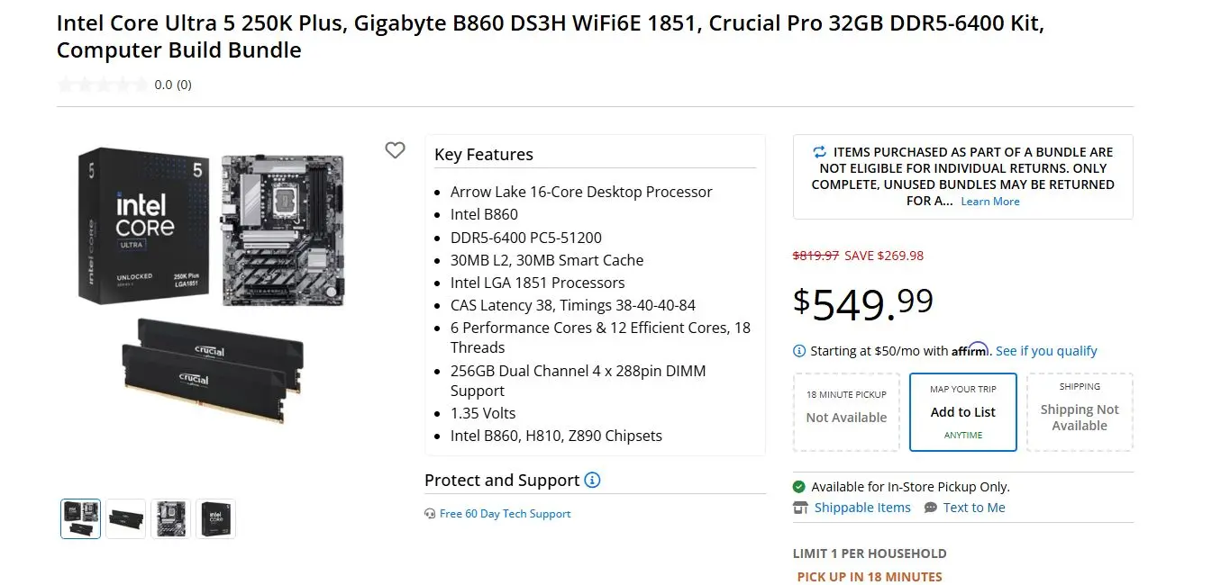 Micro Center Core Ultra 5 250K Plus bundle components