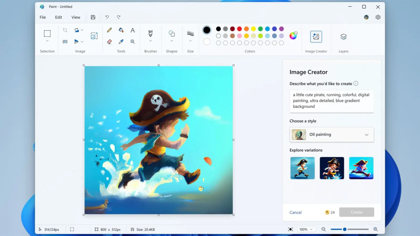 Microsoft Paint and Photos apps interface showing AI image generation