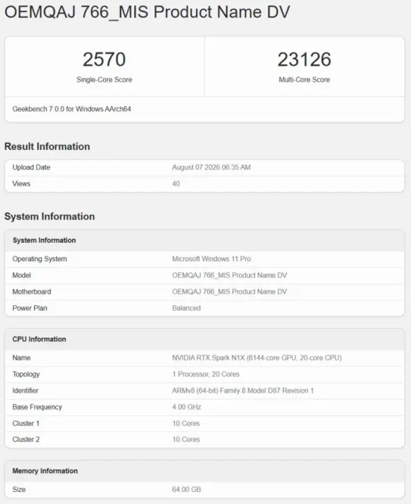 NVIDIA RTX Spark Benchmarks Leak: 18-Core and 20-Core Specs
