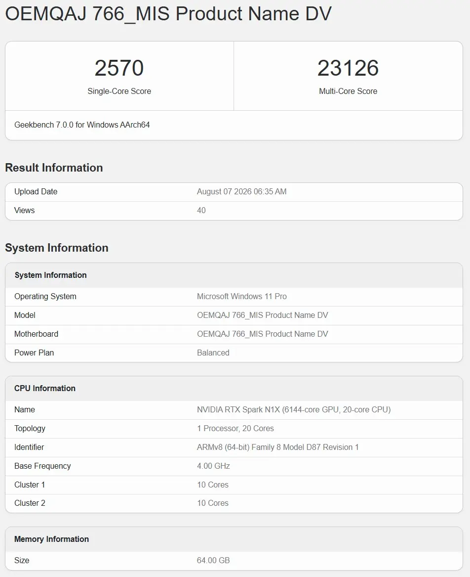 NVIDIA RTX Spark processor benchmark results