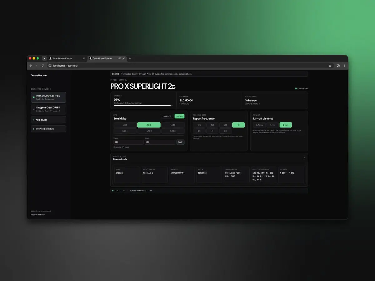 OpenMouse web interface showing gaming mouse settings