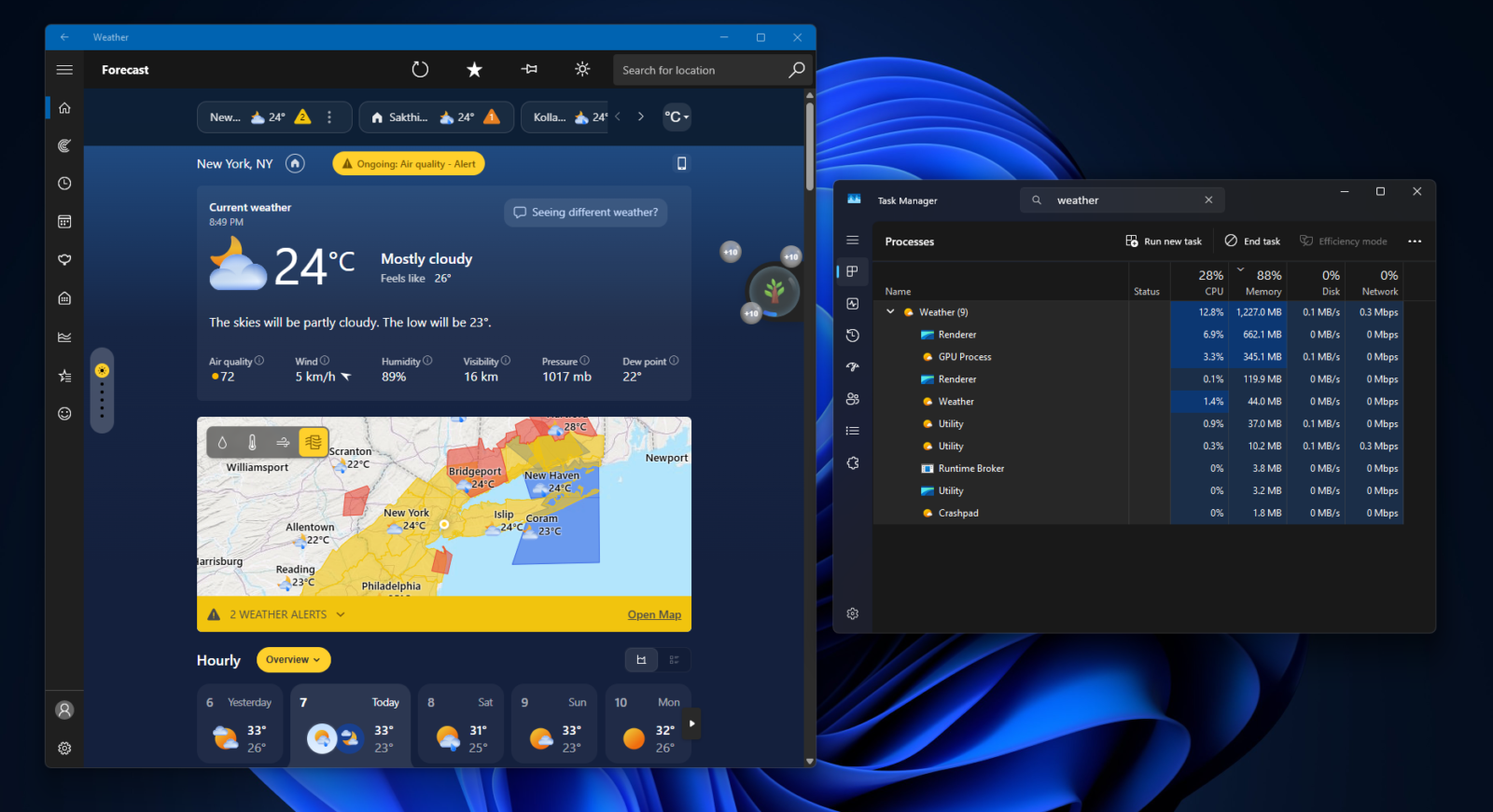 Windows 11 Weather app interface showing high memory usage