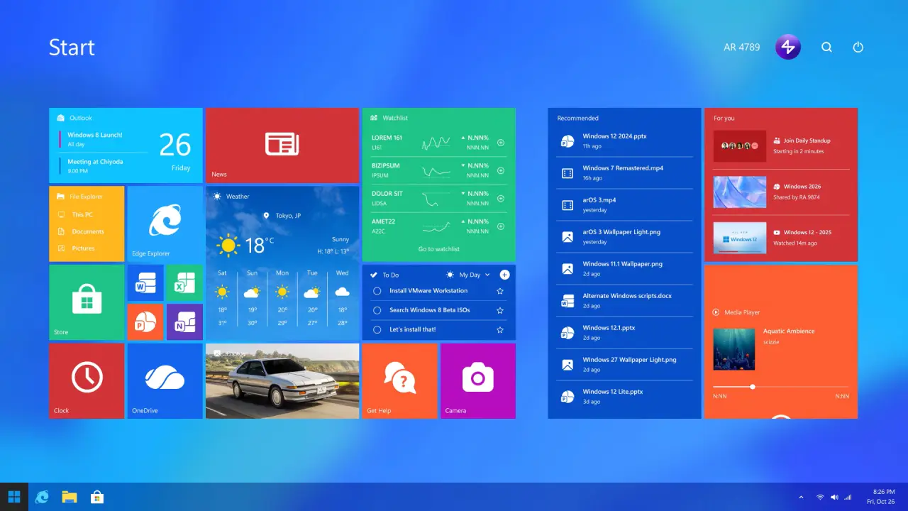 Windows 8 Remastered concept showing the new taskbar and Fluent Design interface