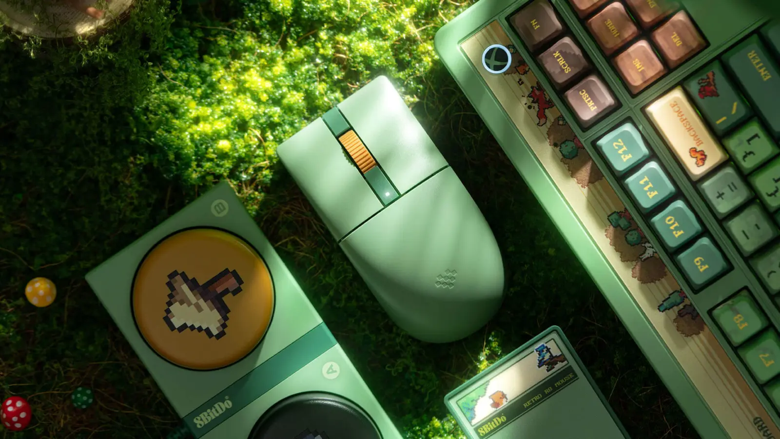 8BitDo Retro 87 keyboard and Retro R8 mouse with Forest Wonderland theme