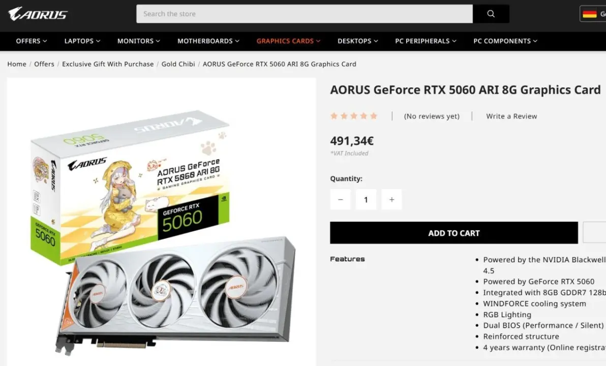 Gigabyte RTX 5060 ARI 8G Anime Edition Hits Europe at $553