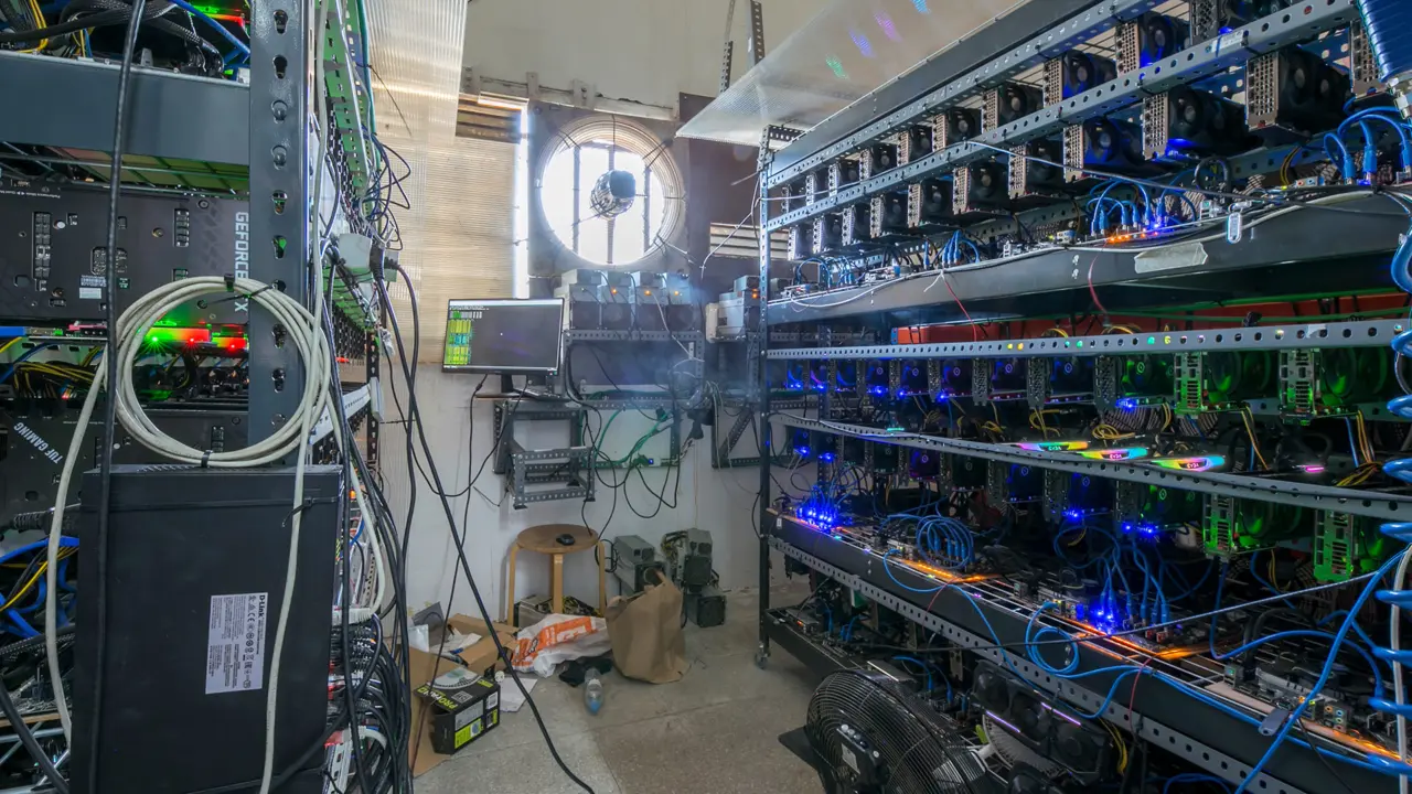 Industrial transformer and cooling equipment at a clandestine crypto mining site