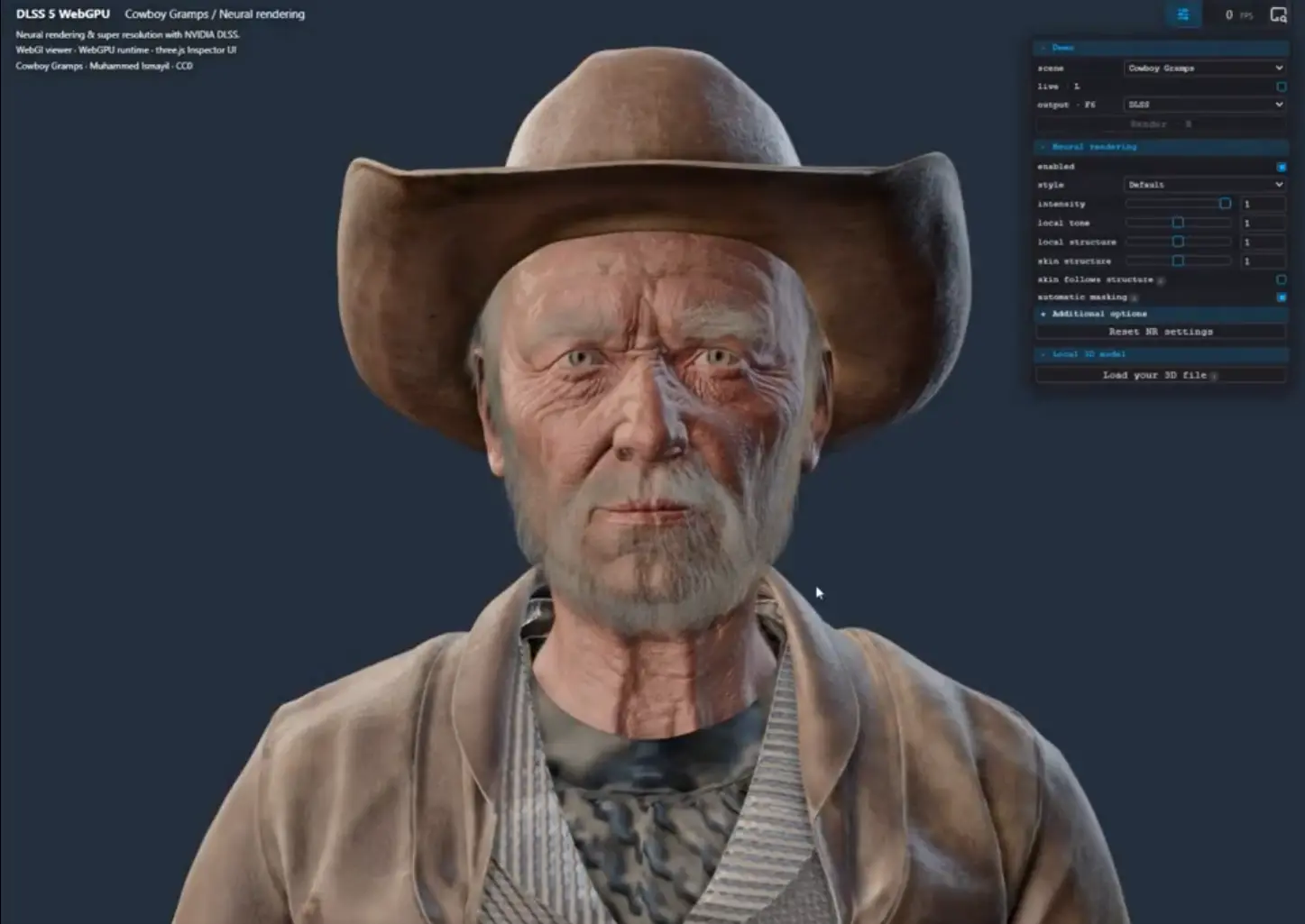 Web-based DLSS 5 demo interface showing 3D model preview