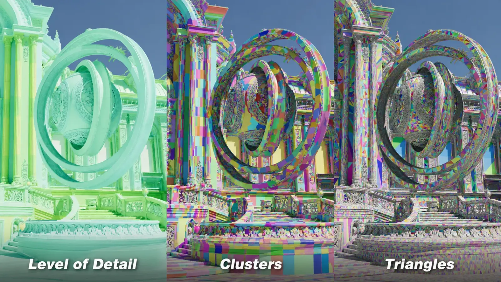 Debug visualization comparing ray tracing scenes with Mega Geometry enabled and disabled