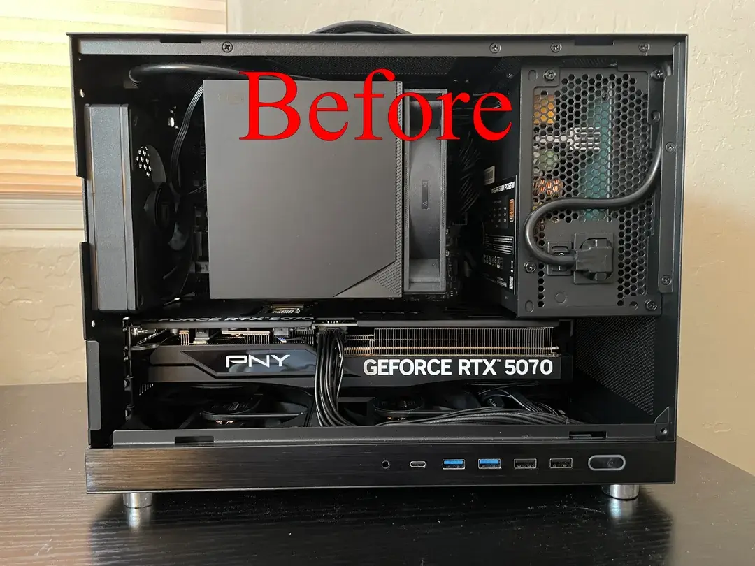 Damaged gaming PC case with severe dents