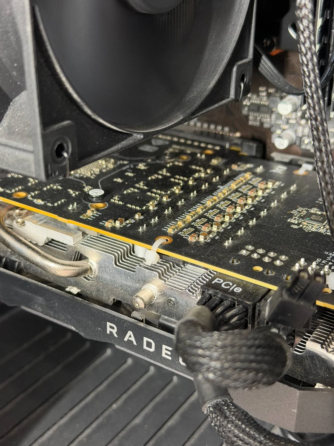 AMD RX 5700 XT graphics card with external fan attached