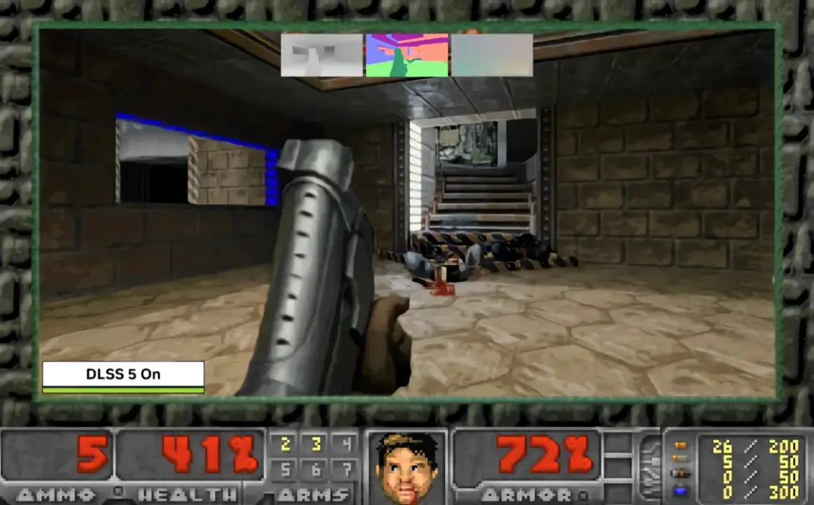 Doom game screenshot showing retro graphics with modern upscaling