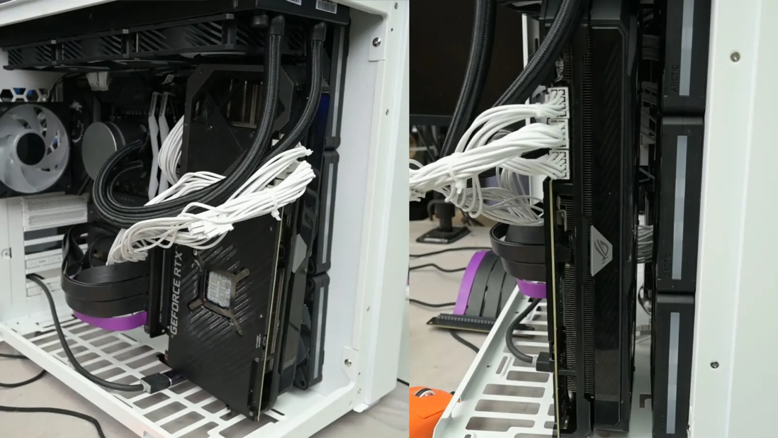 GPU mounted vertically on side panel with intake fans