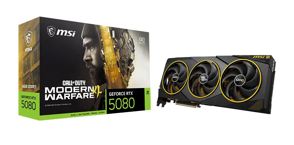MSI GeForce RTX 5080 16G COD MW4 Edition OC graphics card with yellow heatsink