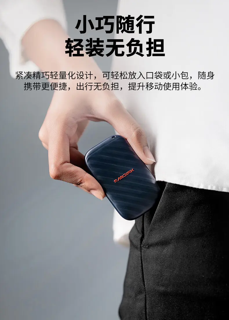 SanDisk ELE SE portable SSD showing compact size and durability